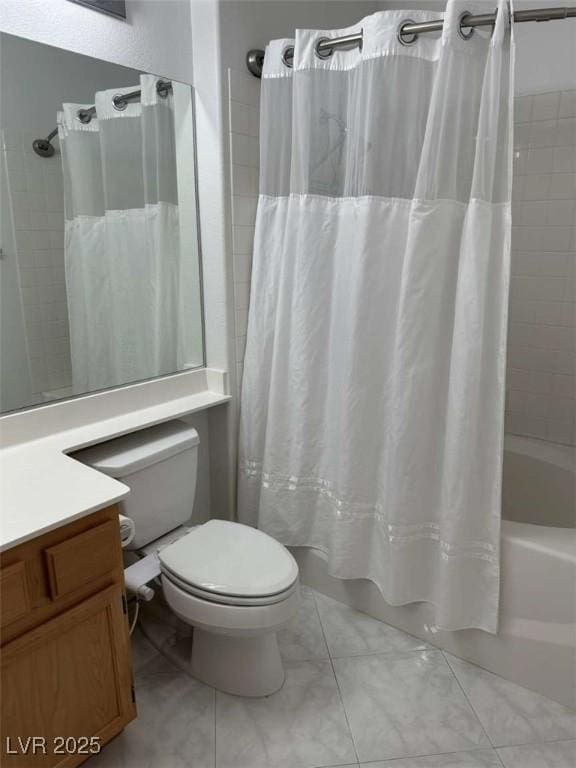 full bathroom featuring toilet, vanity, and shower / tub combo with curtain