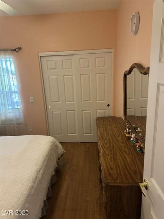 bedroom with ceiling fan, a closet, and dark hardwood / wood-style floors