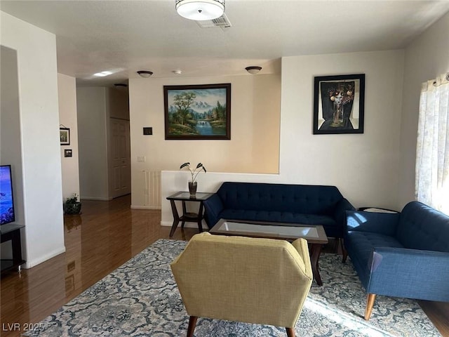 living room featuring dark wood-type flooring