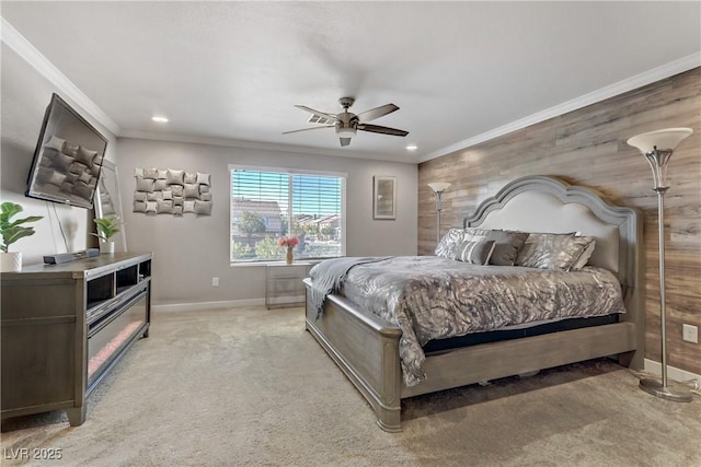 bedroom featuring ceiling fan, ornamental molding, and light carpet