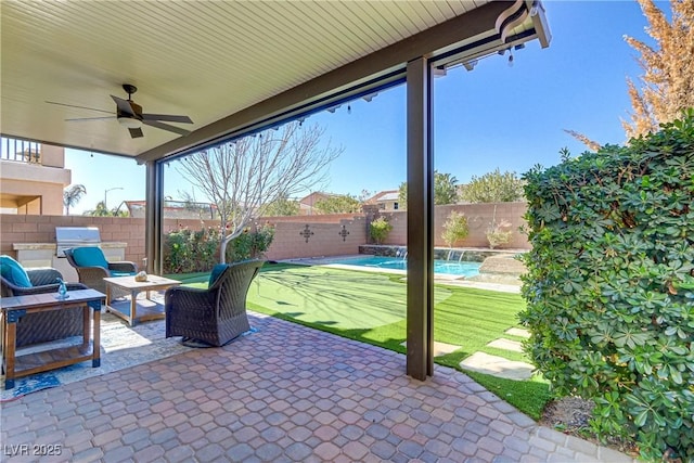 view of patio / terrace featuring ceiling fan, pool water feature, and a grill