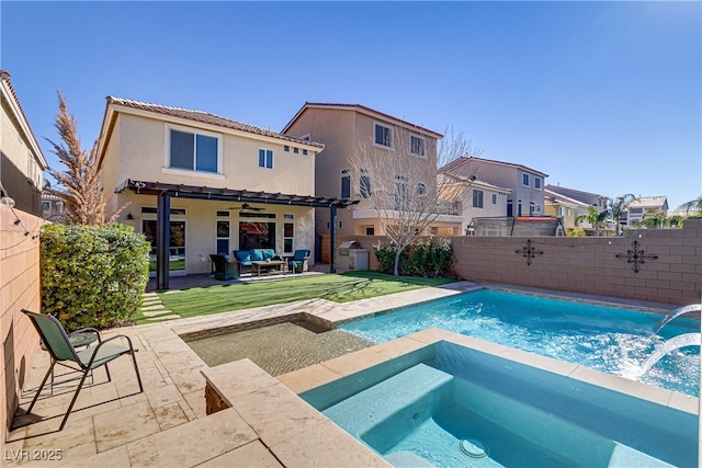 view of swimming pool featuring a patio area, an in ground hot tub, and an outdoor living space