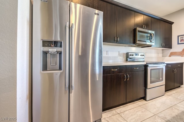 kitchen with stainless steel appliances, dark brown cabinets, and light tile patterned floors