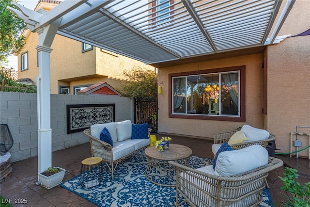 view of patio / terrace with an outdoor living space and a pergola