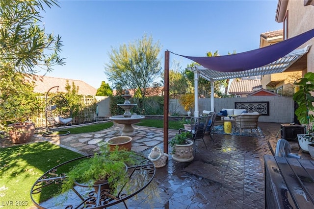 view of patio / terrace featuring a pergola and outdoor lounge area