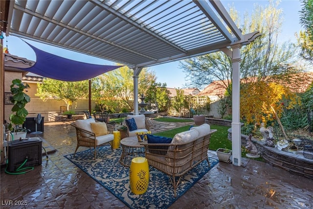 view of patio / terrace featuring an outdoor hangout area and a pergola