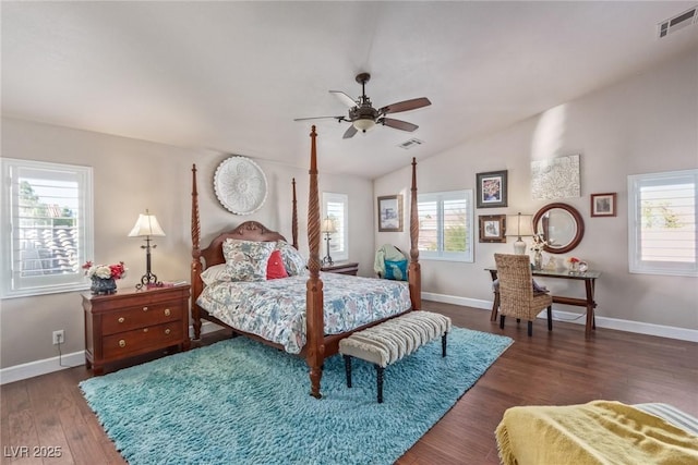 bedroom featuring lofted ceiling, ceiling fan, and dark wood-type flooring