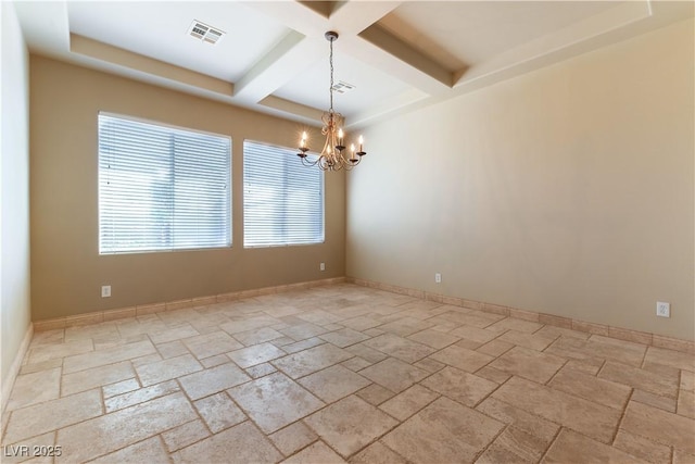 empty room featuring coffered ceiling, an inviting chandelier, beam ceiling, and a wealth of natural light