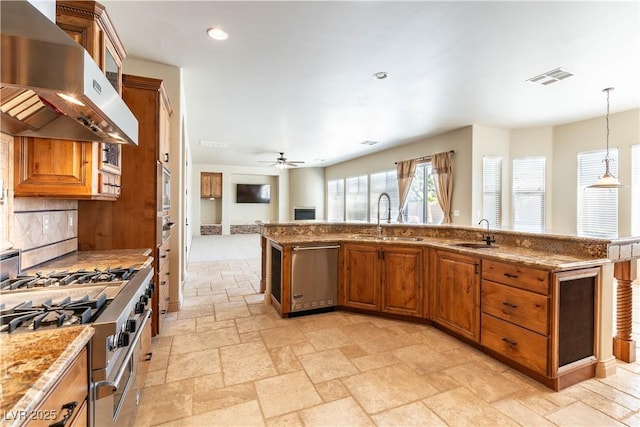 kitchen with stainless steel appliances, sink, decorative light fixtures, range hood, and tasteful backsplash