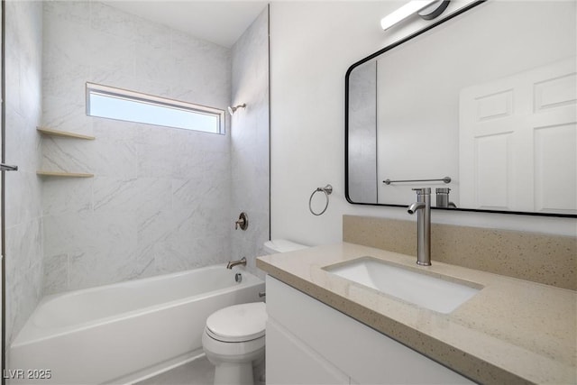 full bathroom featuring bathtub / shower combination, vanity, and toilet