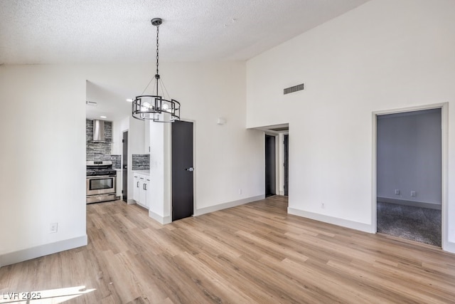 kitchen featuring wall chimney exhaust hood, hanging light fixtures, stainless steel range oven, tasteful backsplash, and white cabinetry