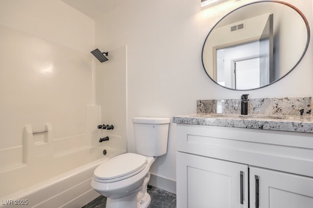 full bathroom featuring shower / bathing tub combination, vanity, and toilet