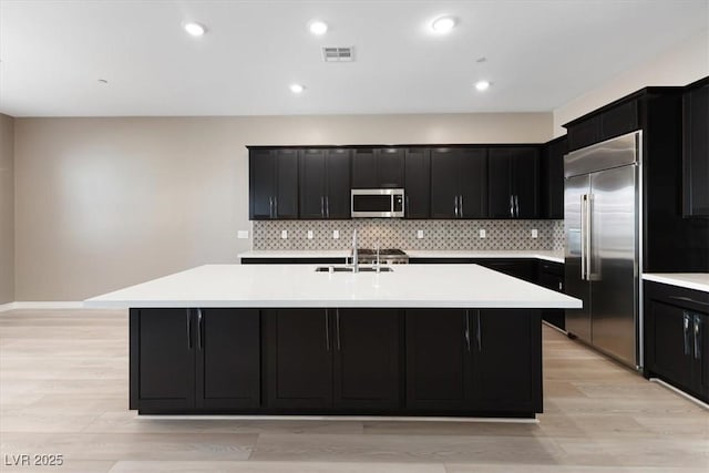 kitchen featuring sink, tasteful backsplash, a center island with sink, light hardwood / wood-style flooring, and stainless steel appliances