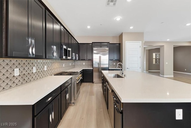 kitchen featuring high end appliances, sink, an island with sink, and light wood-type flooring