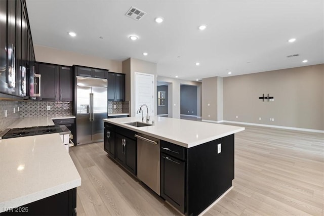 kitchen with tasteful backsplash, sink, a kitchen island with sink, stainless steel appliances, and light hardwood / wood-style flooring