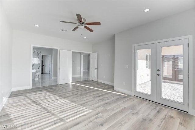 unfurnished bedroom featuring recessed lighting, visible vents, access to outside, french doors, and light wood finished floors