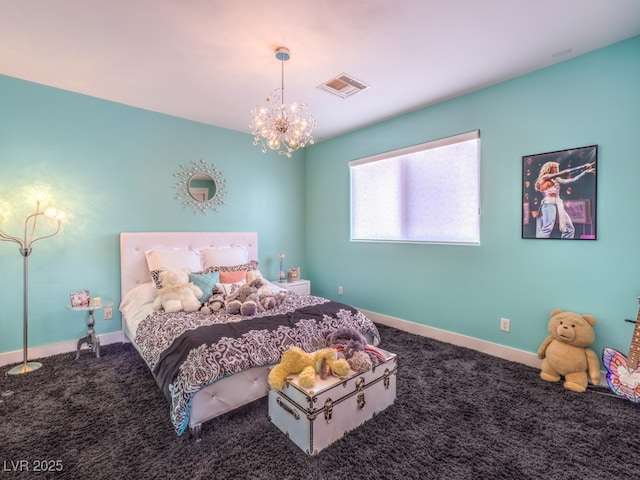 bedroom with carpet flooring and a notable chandelier