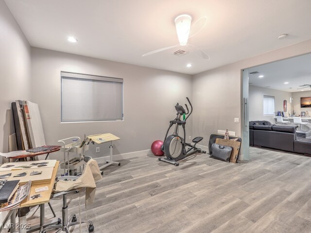 exercise area featuring ceiling fan and hardwood / wood-style flooring