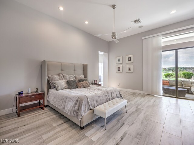 bedroom featuring ceiling fan, access to exterior, and light wood-type flooring