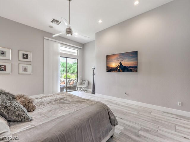 bedroom with ceiling fan, access to exterior, and light hardwood / wood-style flooring