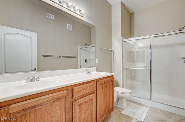 bathroom with toilet, tile patterned flooring, and a shower with shower door