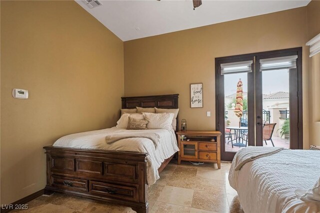 bedroom with ceiling fan, access to outside, and vaulted ceiling