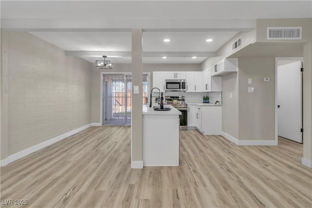 kitchen with light hardwood / wood-style flooring, stainless steel appliances, an inviting chandelier, backsplash, and white cabinets