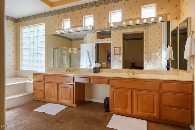 bathroom with plus walk in shower and vanity