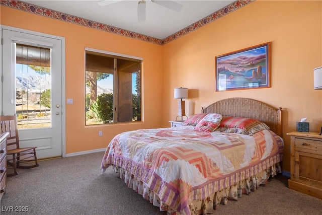 carpeted bedroom with ceiling fan and access to exterior