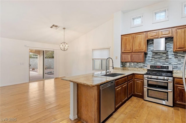 kitchen featuring pendant lighting, sink, wall chimney range hood, stainless steel appliances, and kitchen peninsula