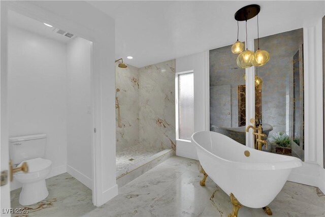 bathroom featuring independent shower and bath, french doors, and toilet