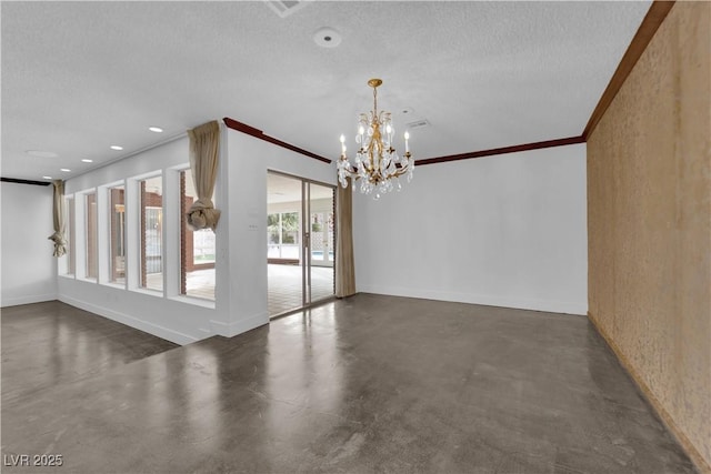 empty room featuring crown molding, a notable chandelier, and a textured ceiling