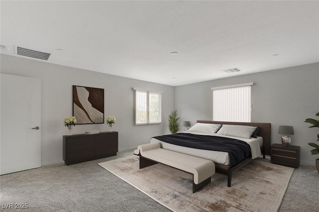 bedroom with light colored carpet