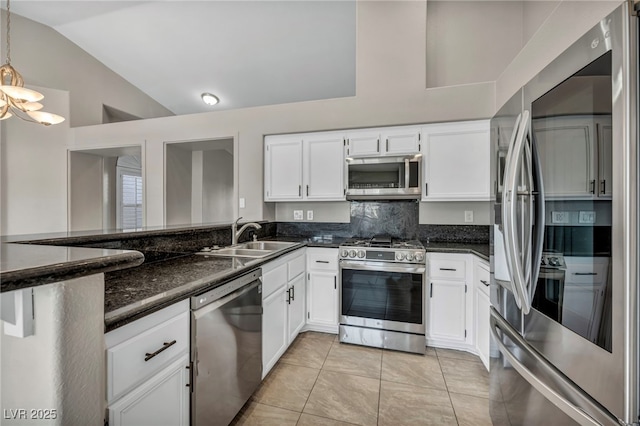 kitchen featuring sink, decorative light fixtures, white cabinets, and appliances with stainless steel finishes