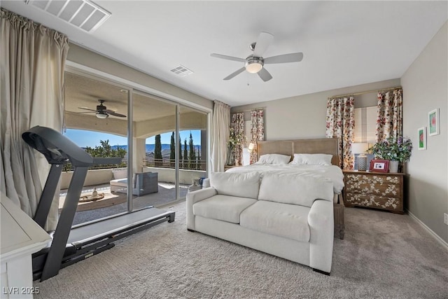 carpeted bedroom featuring access to outside and ceiling fan