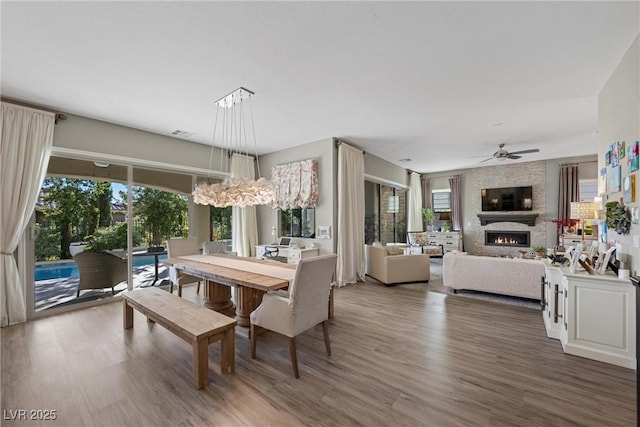 dining space with ceiling fan, dark hardwood / wood-style floors, plenty of natural light, and a fireplace