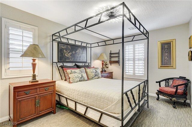 carpeted bedroom with a textured ceiling and multiple windows