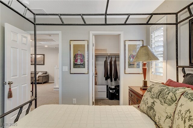 bedroom with a closet, a spacious closet, and carpet flooring