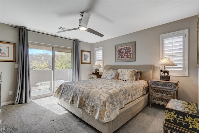 carpeted bedroom featuring ceiling fan and access to exterior