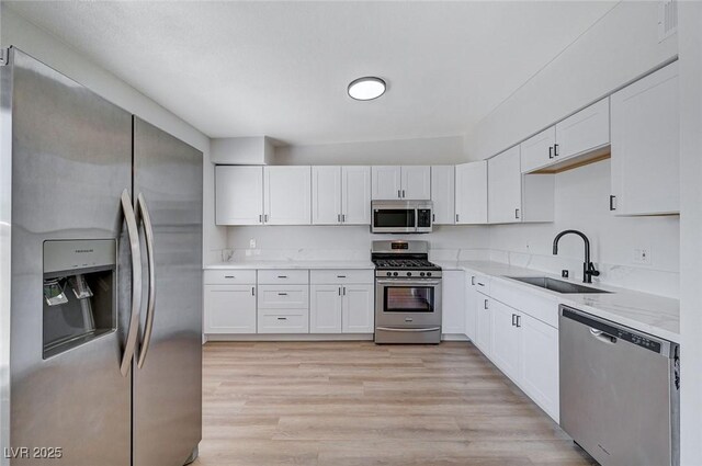 kitchen featuring sink, white cabinets, light hardwood / wood-style floors, and appliances with stainless steel finishes