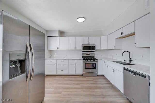 kitchen featuring light wood-type flooring, appliances with stainless steel finishes, sink, and white cabinets