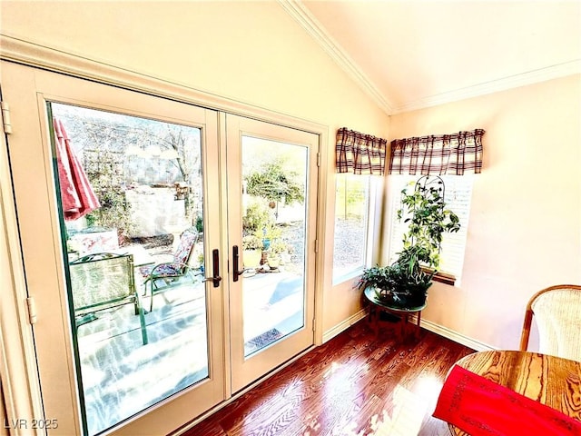 entryway with lofted ceiling, french doors, dark hardwood / wood-style flooring, and plenty of natural light