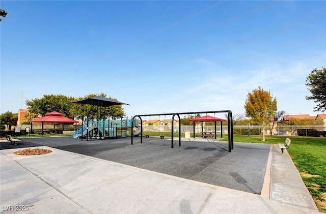 view of jungle gym featuring a gazebo and a yard