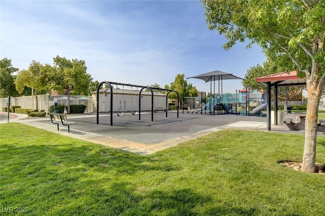 surrounding community with a playground and a lawn