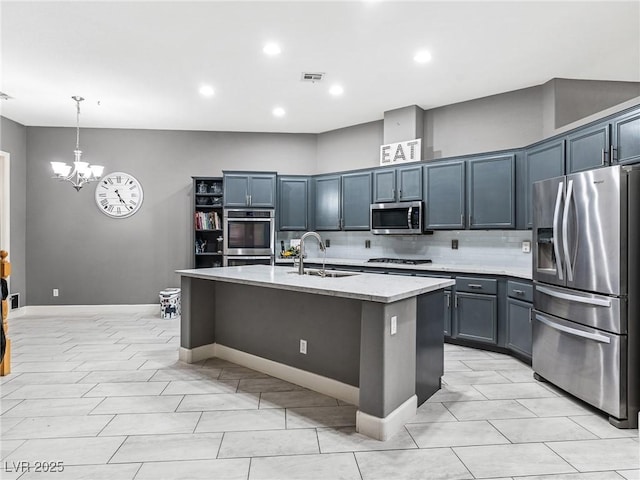 kitchen with stainless steel appliances, sink, decorative backsplash, a center island with sink, and pendant lighting