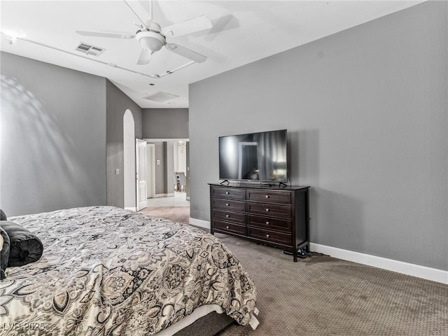 carpeted bedroom featuring ceiling fan