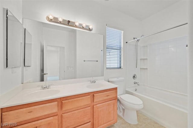 full bathroom with shower / bathing tub combination, tile patterned floors, vanity, and toilet