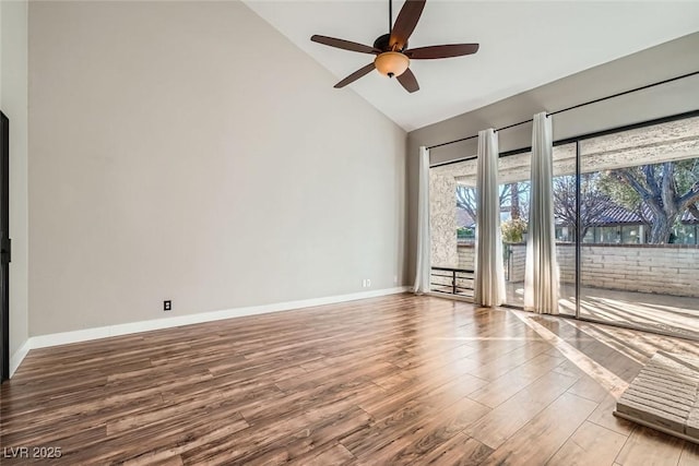 unfurnished room featuring high vaulted ceiling, ceiling fan, and light hardwood / wood-style flooring