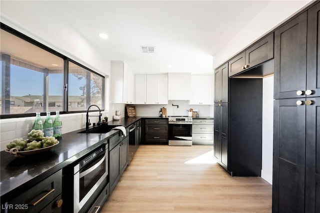 kitchen with dishwasher, stainless steel electric stove, light wood-type flooring, white cabinets, and sink