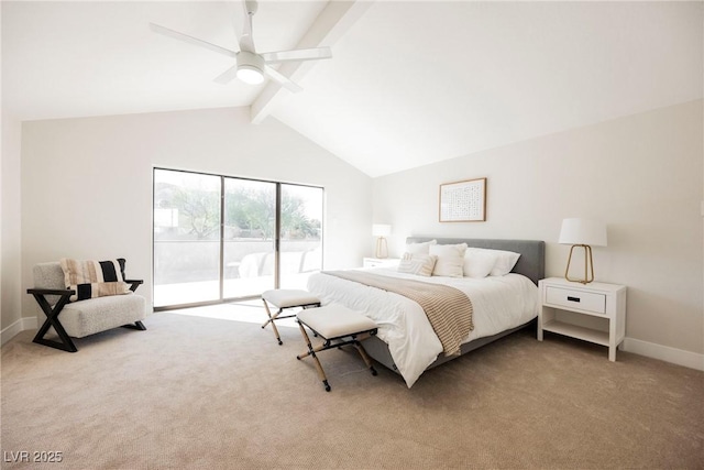 carpeted bedroom with ceiling fan, access to outside, and lofted ceiling with beams